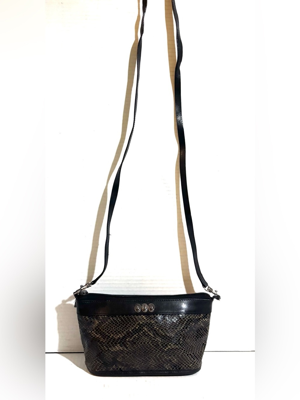 Black Snake-skin leather Crossbody Bag with Adjustable Strap